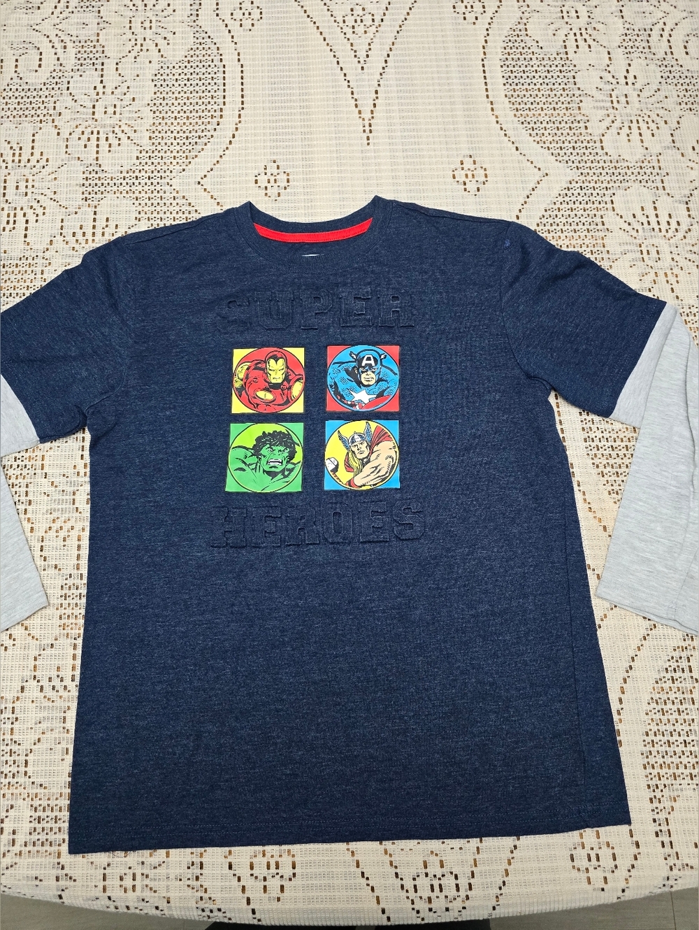 Marvel Navy Long Sleeve Tee with Multicolor Superhero Panels